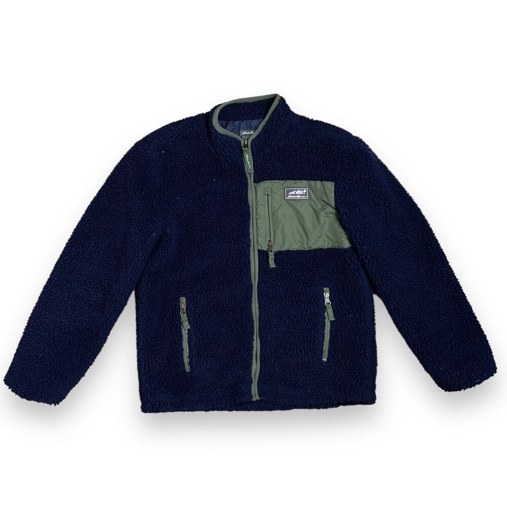 Eddie Bauer Jacket Youth L 14 Blue Zip Sherpa Fleece Layer Pockets Collarless